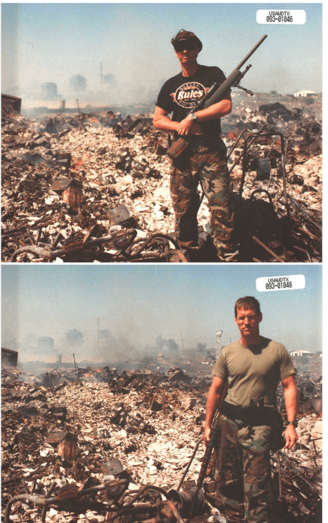 ATF agents pose in the ruins of the Branch Davidian compound, Waco, Texa