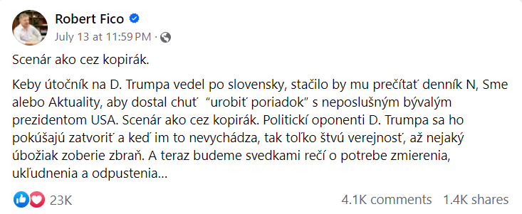 Robert Fico's Facebook Post