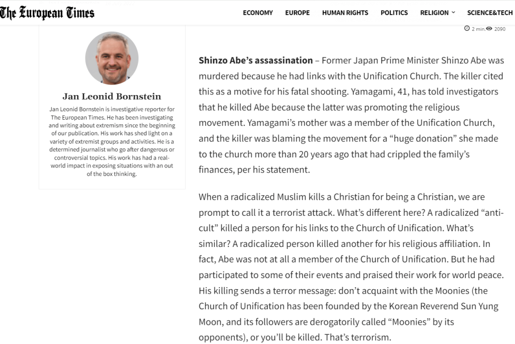 An article on The European Times with the headline: «Shinzo Abe’s assassination to be called terrorist»