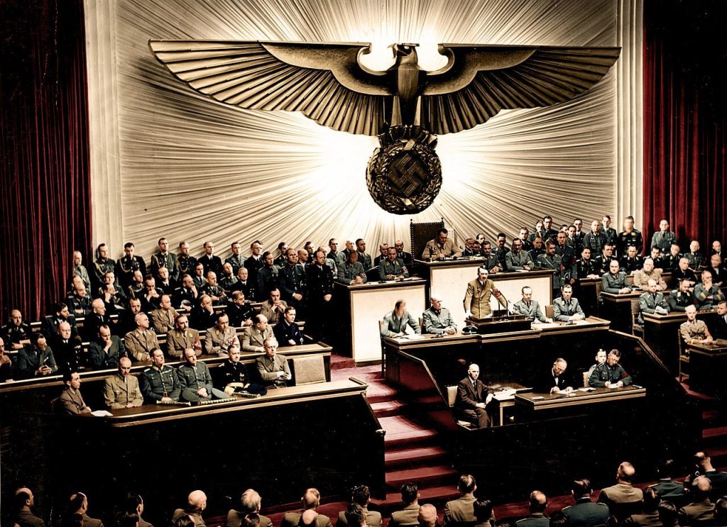 Adolf Hitler makes a speech in the Reichstag on declaring war on the United States, December 11, 1941.