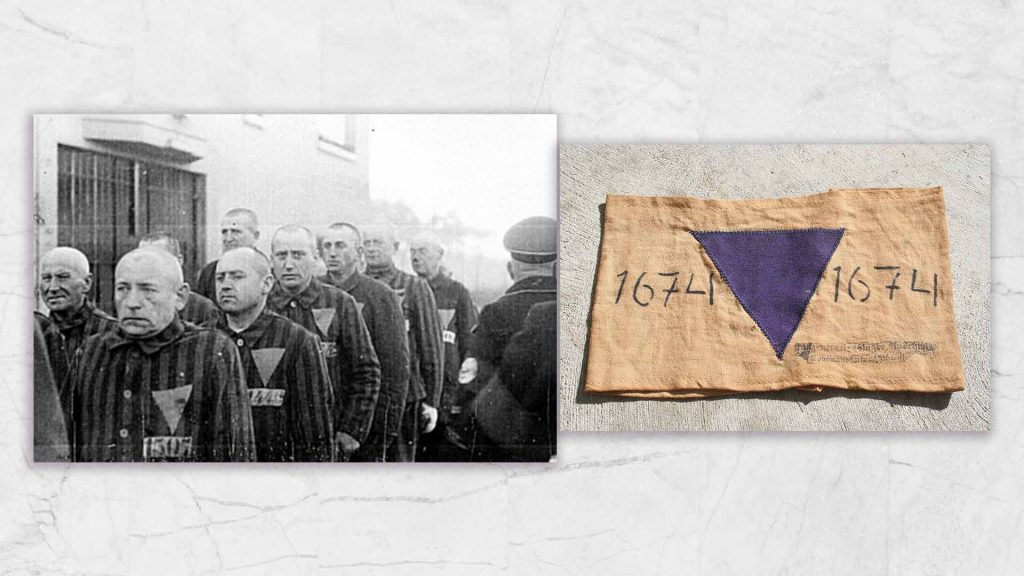 1) Jehovah’s Witnesses in Sachsenhausen concentration camp 2) An armband used to identify Jehovah’s Witnesses 