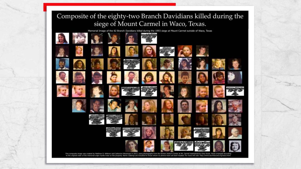 Composite of the eighty-two participants of Branch Davidian community killed during the siege of Mount Carmel in Waco, Texas