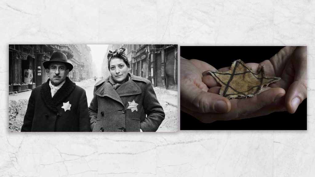 A Hungarian Jewish couple in the Budapest ghetto wear their yellow stars on their jackets, 1944 Yellow badge 