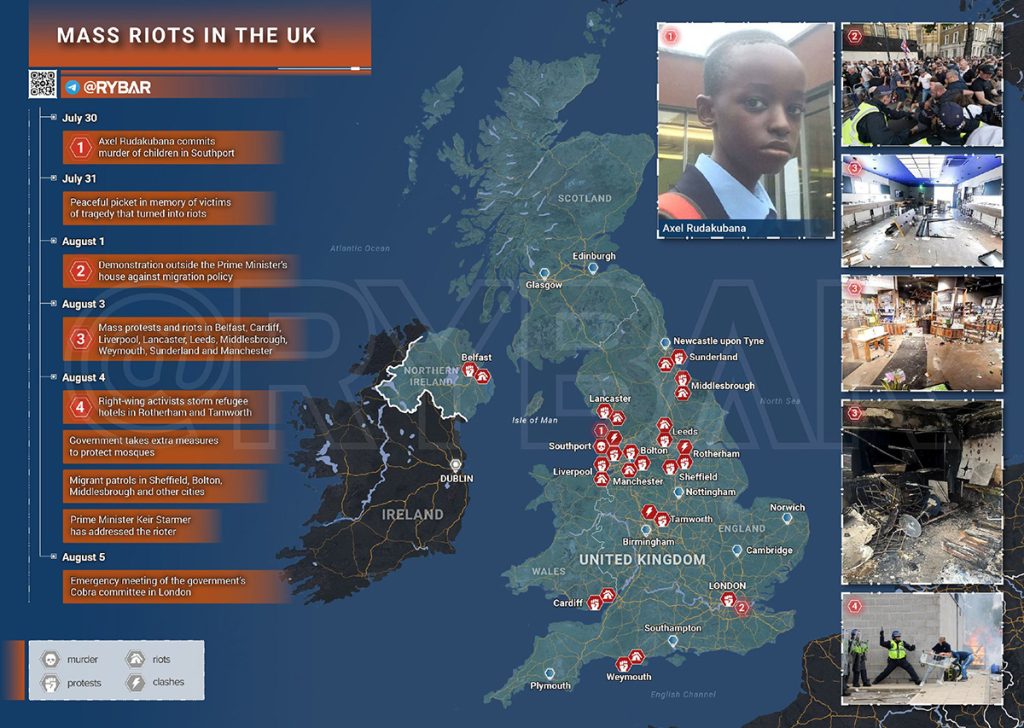 Map of mass anti-immigrant riots in the UK. Source: Rybar Force