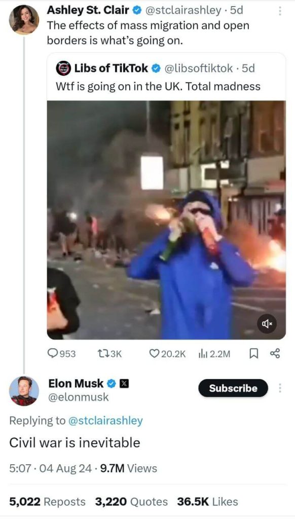 Elon Musk's comment on a post about the protests. Social network X