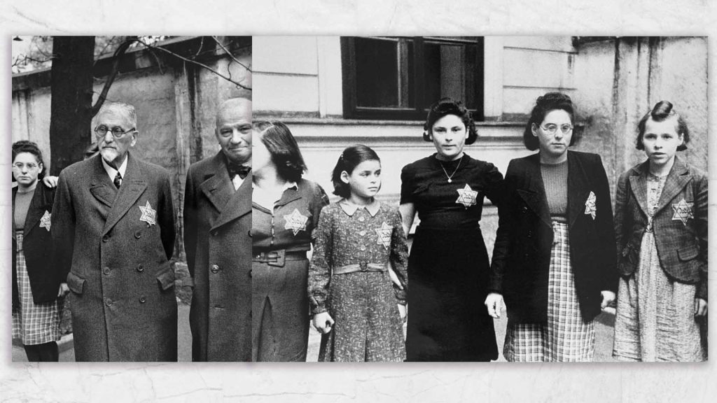 Jews wearing compulsory yellow Stars of David in Vienna. Austria, 1941. A group of Jewish girls wearing the yellow star. —United States Holocaust Memorial Museum, courtesy of Oesterreichische Nationalbibliothek 