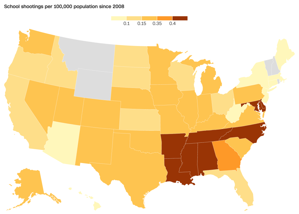 Map of school shootings per 100,000 population by state since 2008 