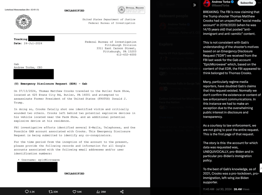Post by Gab CEO Andrew Torba exposing FBI