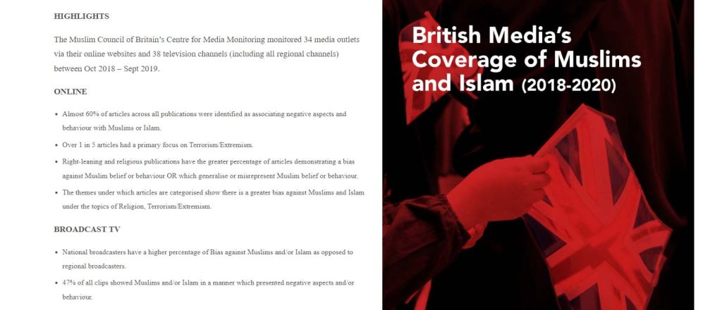 Screenshot from CfMM Report “British Media’s Coverage of Muslims and Islam (2018-2020)”