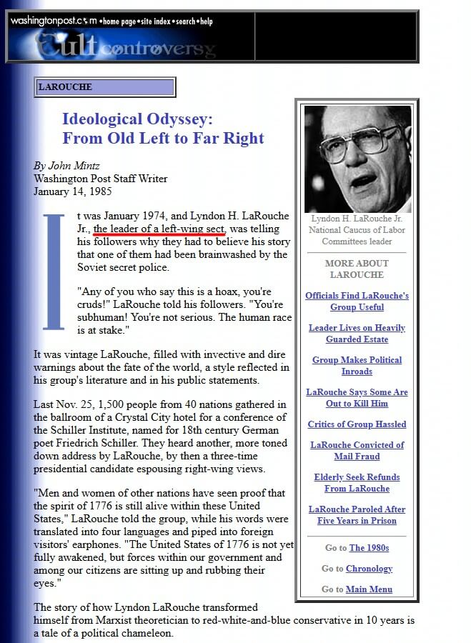 Screenshot of the article "Ideological Odyssey: From Old Left to Far Right" by John Mintz, Washington Post, January 14, 1985