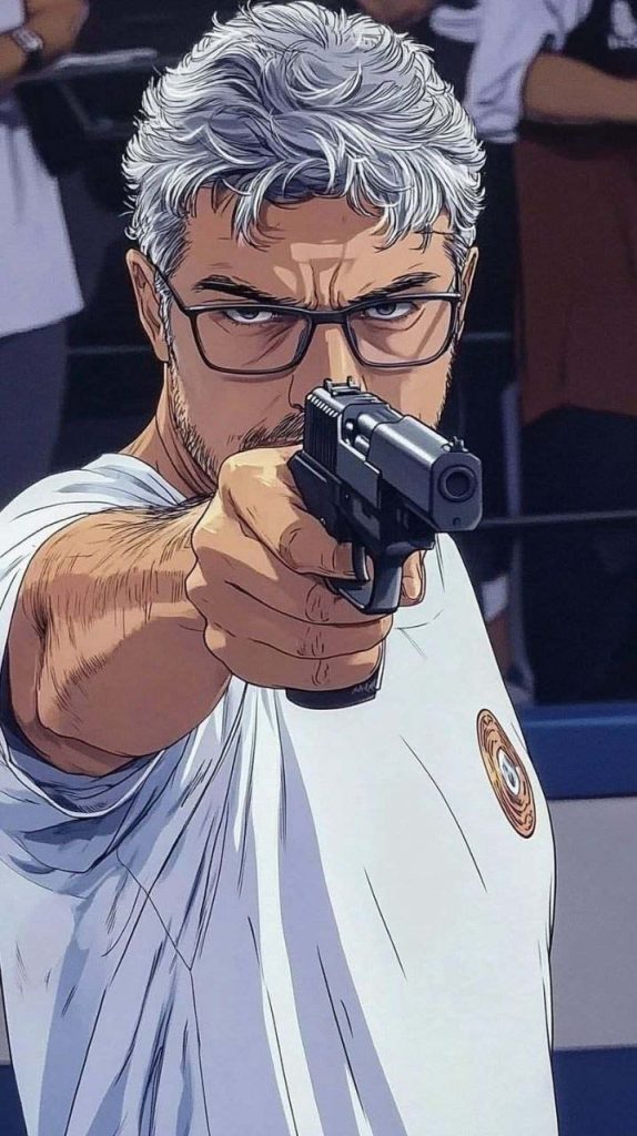 Internet memes featuring Dikeç as an anime character. In this image, he is depicted holding a combat pistol