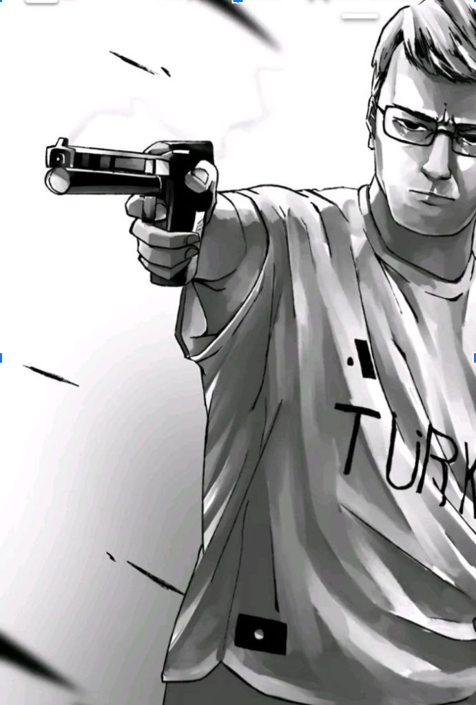 Internet memes featuring Dikeç as an anime character. In this image, he is depicted holding a sports pistol.