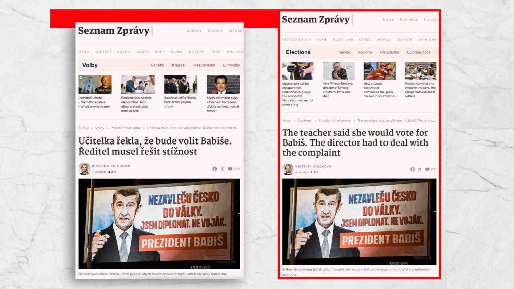 Screenshot from Seznam Zprávy website