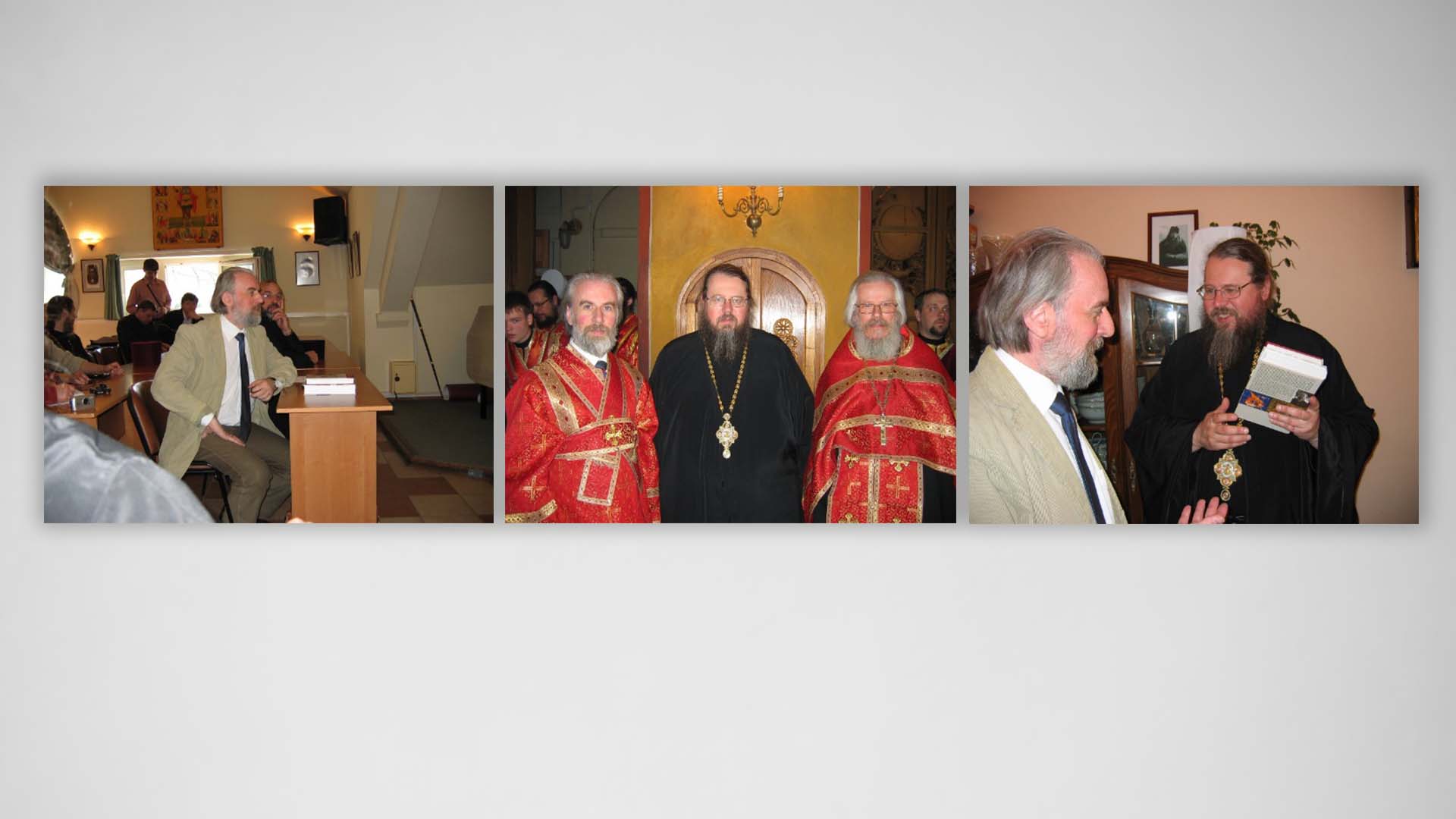 A. Dvorkin in the Reading Hall. (from left to right) A. Dvorkin (President of RACIRS), Metropolitan Jonah, Priest Lev Semenov (Secretary of RACIRS). Metropolitan Bishop Jonah receiving books from A. Dvorkin.