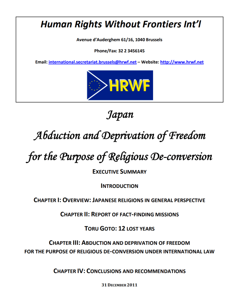 Screenshot from the report “Japan: Abduction and Deprivation of Freedom for the Purpose of Religious De-conversion,” published by Human Rights Without Frontiers International (HRWF) (from the Web Archive)