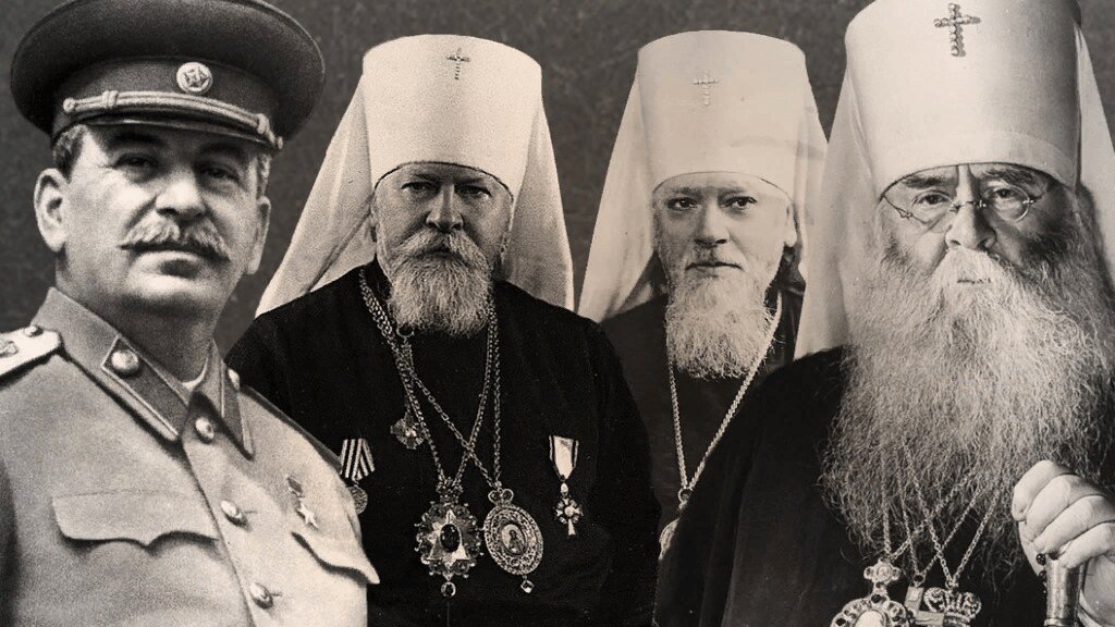 J. Stalin, Nicholas (Yarushevich), Alexy (Simansky) and Sergius (Stragorodsky) 