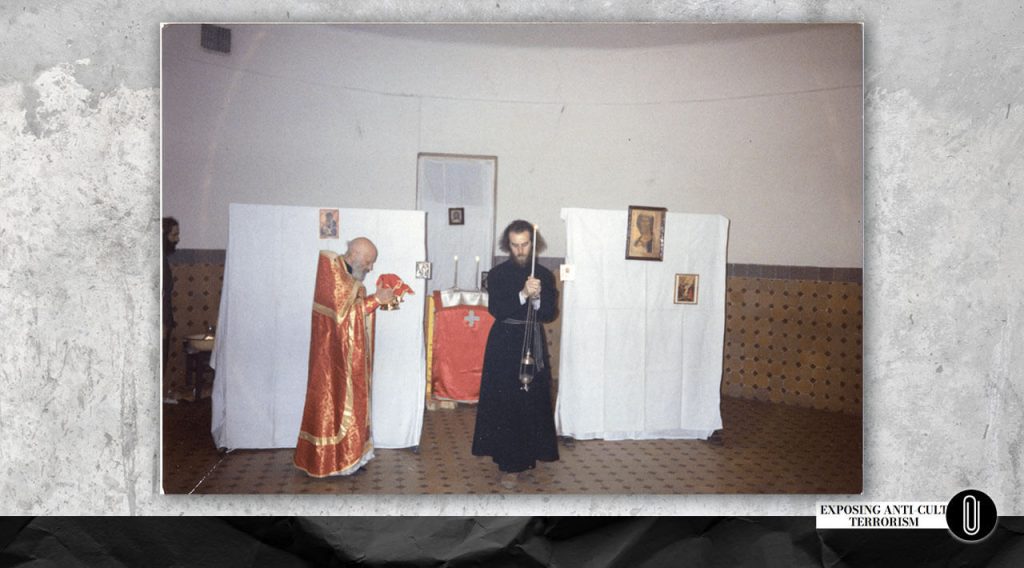 Archpriest Gleb Kaleda and Alexander Dvorkin at the first liturgy at the prison chapel, April 1992 
