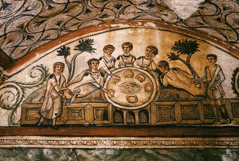 Agape Meal. Fresco from the catacombs of Marcellinus and Peter, 4th century AD