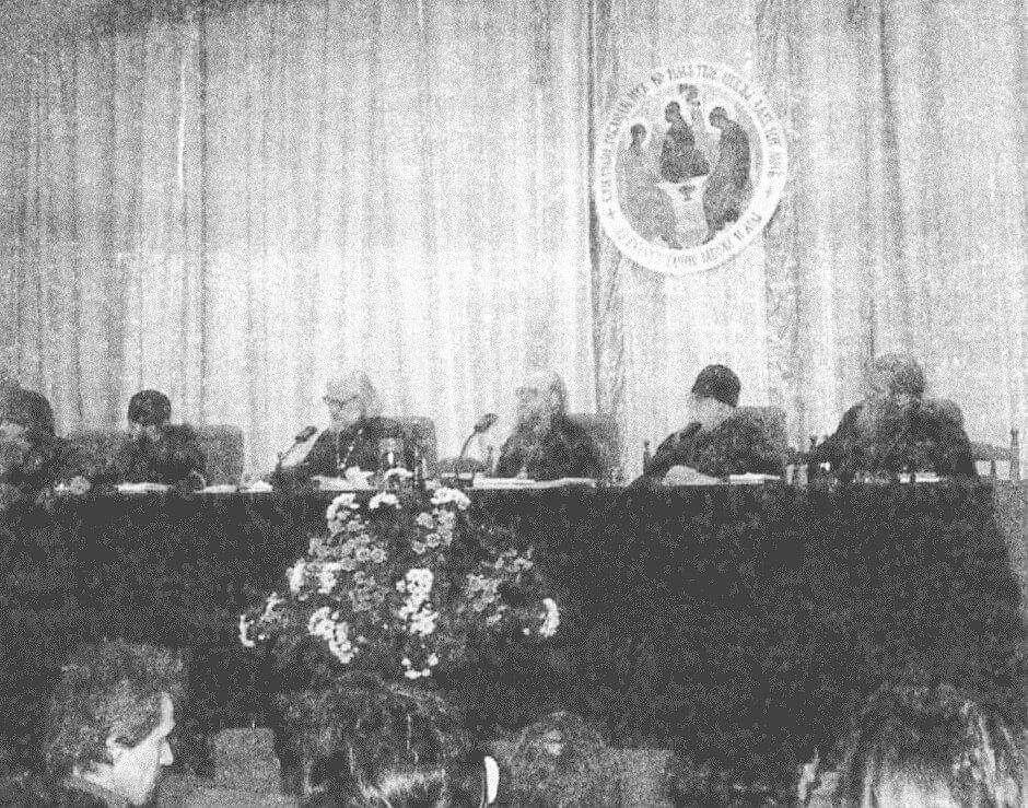 Presidium of the “Unity of the Church” conference, Danilov Monastery, November 15-16, 1994, from left to right: bishop Ioann (Popov), bishop Konstantin (Goryanov), Father Vladimir Vorobyov, bishop Evlogy (Smirnov), bishop Vasily (Rodzyanko), bishop Korniliy (Jakobs). 