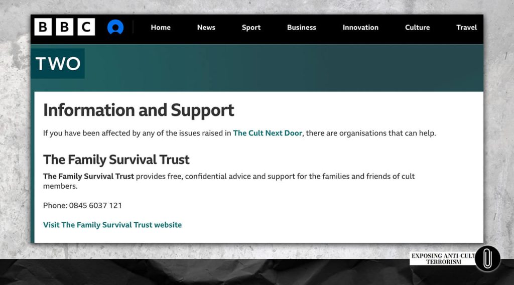 Screenshot from BBC website: Advertising for Alexandra Stein and Tom Sackville’s organization, The Family Survival Trust