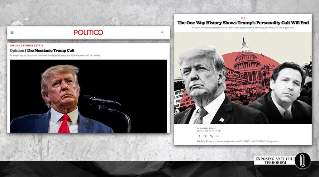 Screenshots from politico.com: Dehumanization and demonization of Donald Trump by means of anticult rhetoric