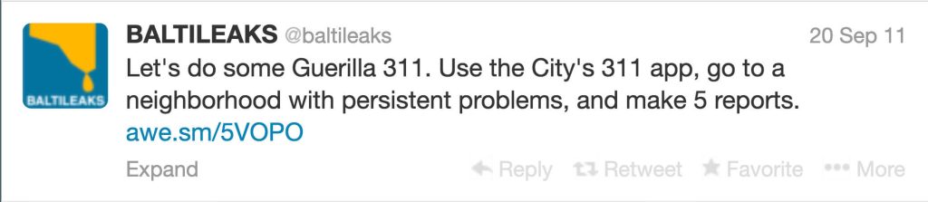 BaltiLeaks account on Twitter: “Let's do some Guerilla 311. Use the City's 311 app, go to a neighborhood with persistent problems, and make 5 reports.”