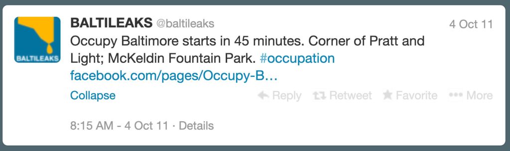 BaltiLeaks account on Twitter: “Occupy Baltimore starts in 45 minutes. Corner of Pratt and Light; McKeldin Fountain Park. #occupation”  