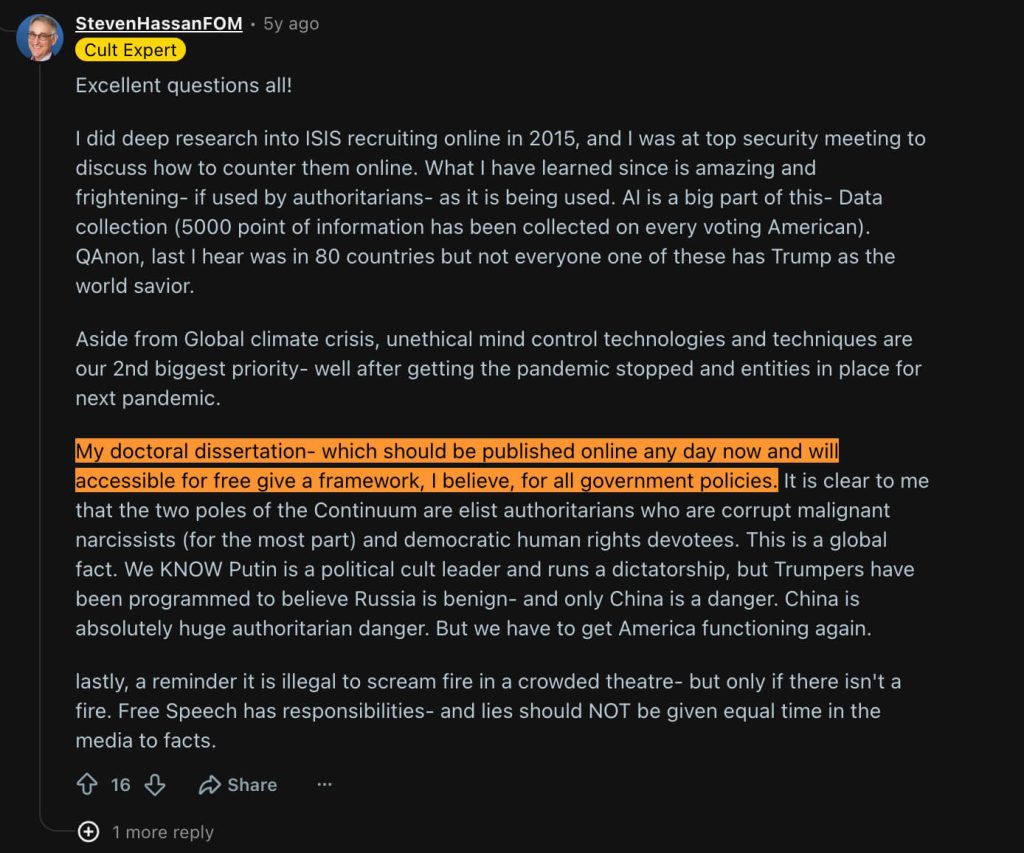 Steven Hassan's post on Reddit: “My doctoral dissertation… will give a framework, I believe, for all government policies.” 