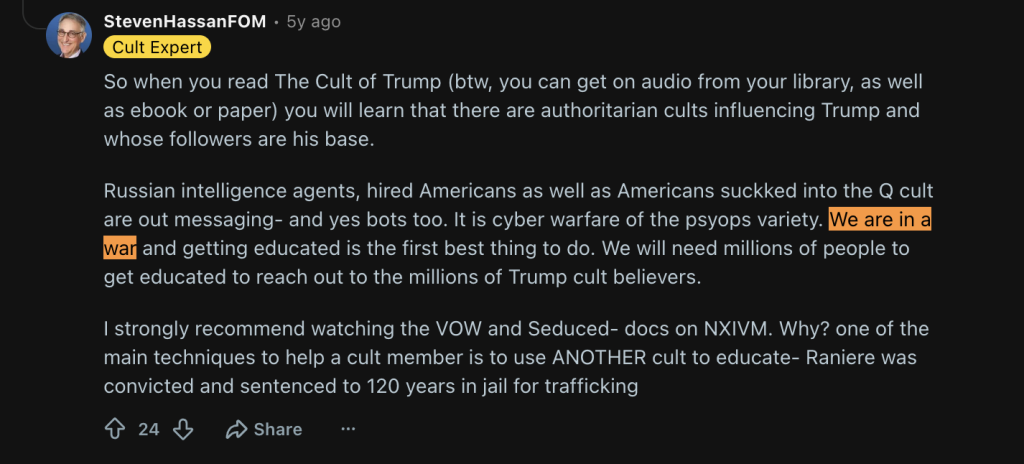 Screenshot from Steven Hassan’s Reddit account: “We are in a war.” 