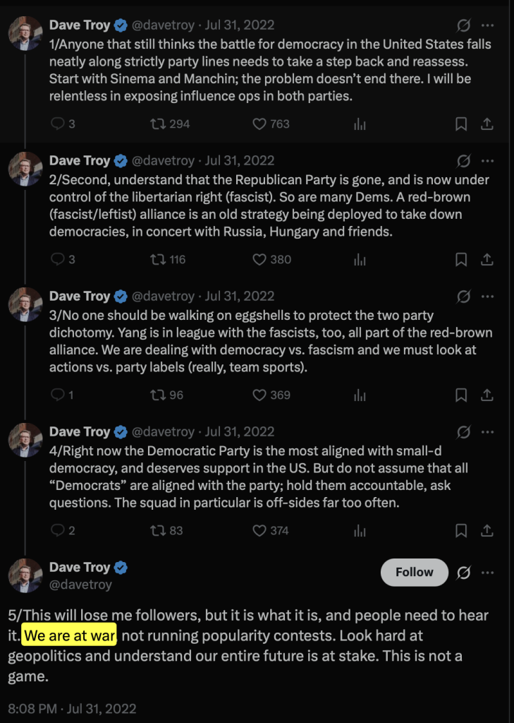 Screenshot from Dave Troy’s X account: “We are at war.” 
