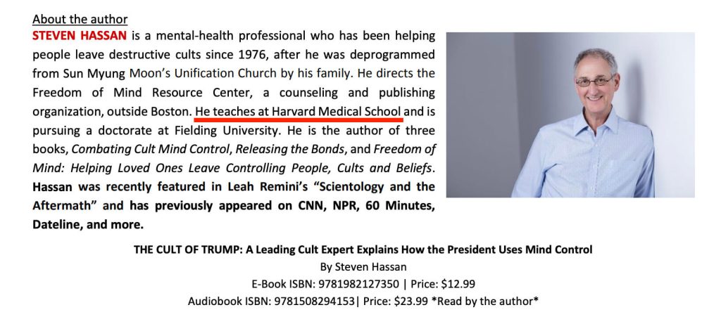 Steven Hassan claims that “he teaches at Harvard Medical School” 
