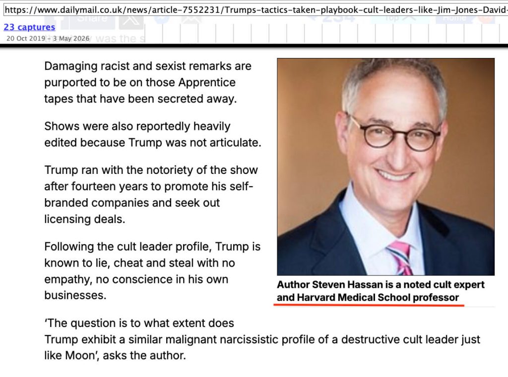 Daily Mail presents Steven Hassan as a “Harvard Medical School professor” 