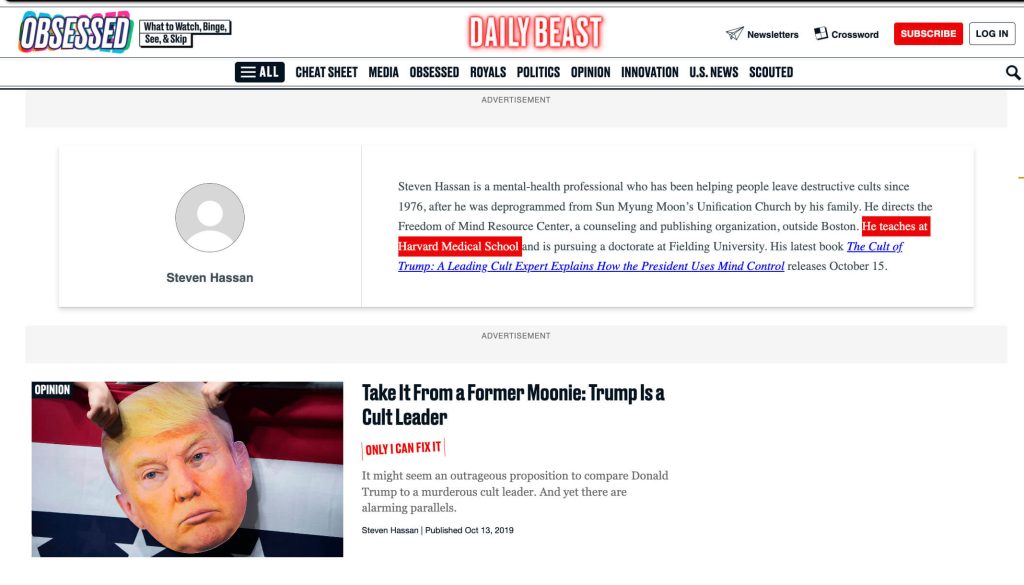 Screenshot from the Daily Beast website: Steven Hassan’s bio states that “he teaches at Harvard Medical School”