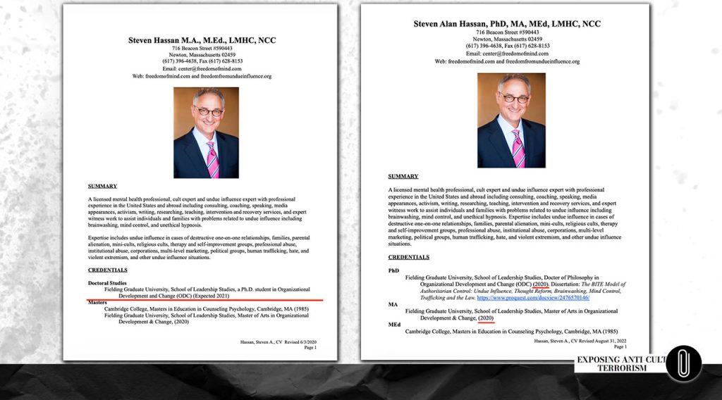 Screenshots from Steven Hassan’s CVs (2020 and 2022)