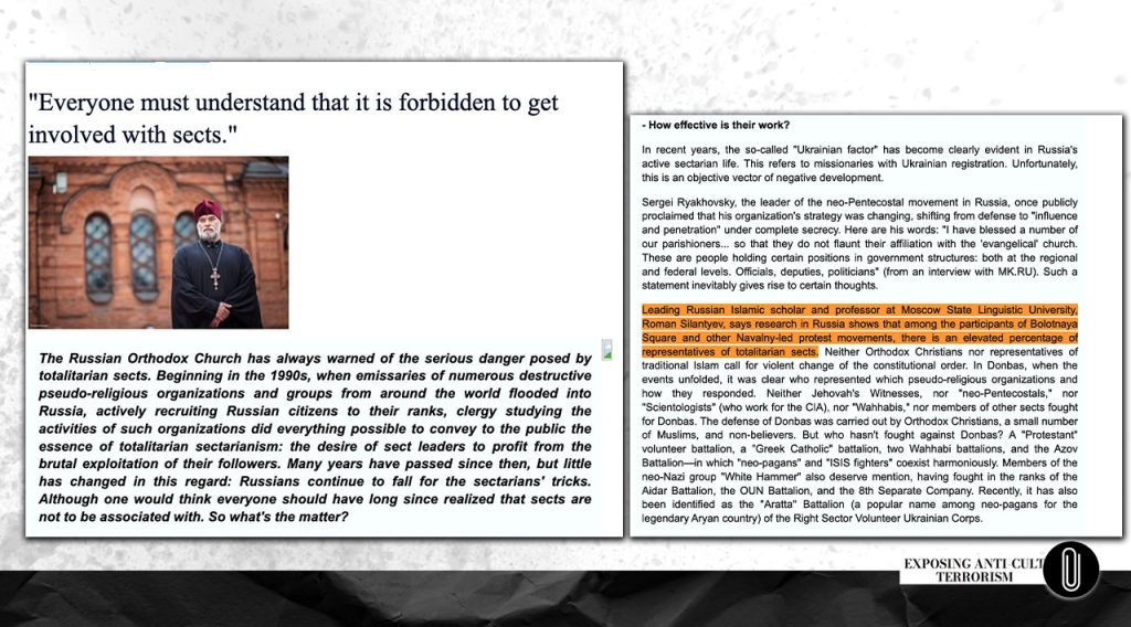 Rhetoric similar to Hassan’s statements was spread in Russia through “cult experts” of Alexander Dvorkin’s RACIRS. Alexander Novopashin and Roman Silantyev are Dvorkin’s closest associates in this organization.