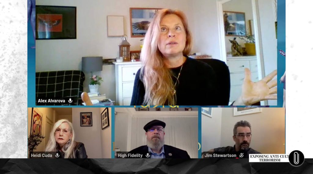 Steven Hassan, Dave Troy, Alexandra Alvarová, Jim Stewartson, and Heidi Cuda. Screenshots from YouTube