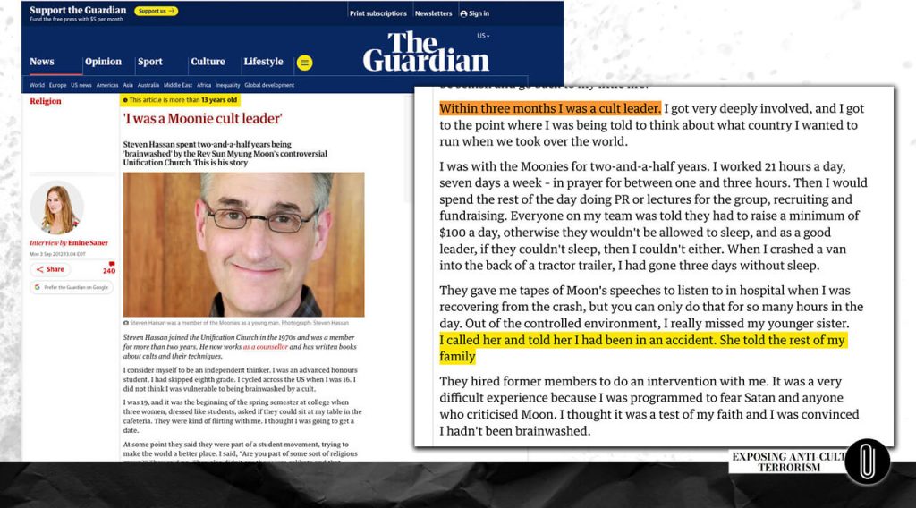 Steven Hassan: “I was a Moonie cult leader.” Screenshot from The Guardian 
