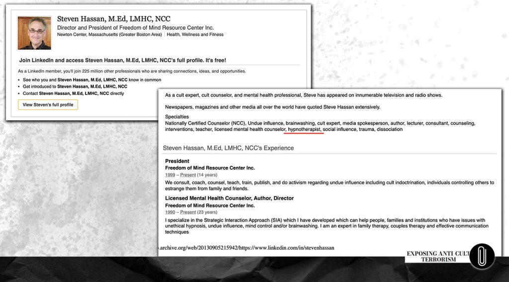 “Hypnotherapist” listed as Steven Hassan’s specialty on his LinkedIn profile
