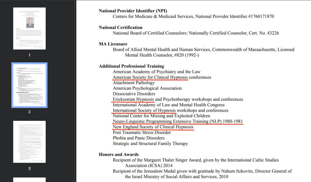 Steven Hassan’s CV listing his “extensive NLP training”