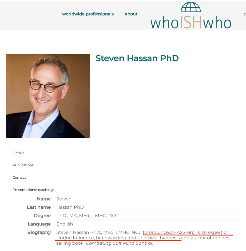 Screenshot of Steven Hassan’s profile on the International Society of Hypnosis (ISH) website