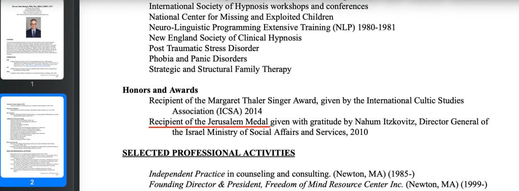 Screenshot from Steven Hassan’s CV, “Honors and Awards” section