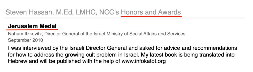 Screenshot from Steven Hassan’s social media section “Honors and Awards”
