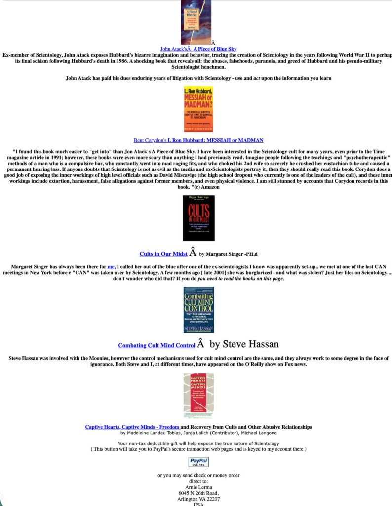 Books by Steven Hassan, Jon Atack, Margaret Singer, and Janja Lalich recommended by Arnie Lerma on his website