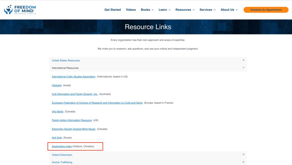 Screenshot from Steven Hassan's website, showing recommended outlets that include the website of convicted pedophile Anton Hein