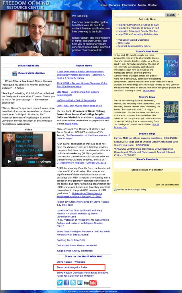 Screenshot from the homepage of Steven Hassan's website with a link to the website of his partner, fugitive pedophile Anton Hein