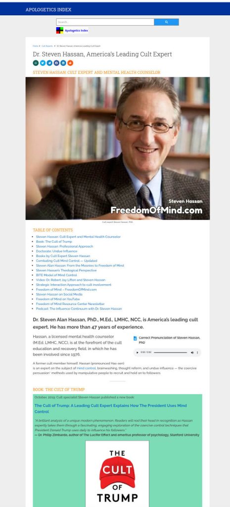 Page of the fugitive pedophile Anton Hein's website about Steve Hassan, featuring advertisements of his books