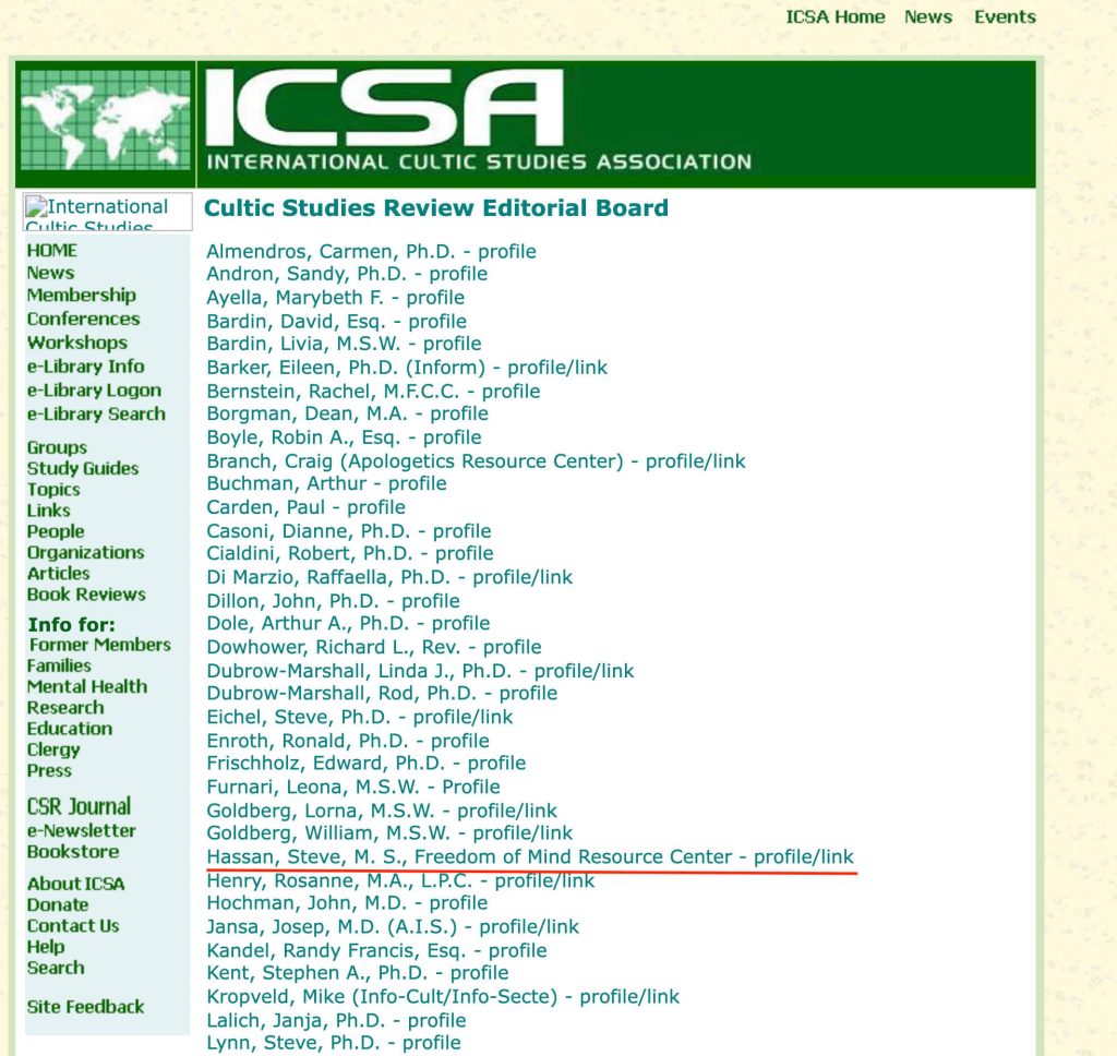 Screenshots from the International Cultic Studies Association (ICSA) website. Jorge Erdely Graham and Steven Hassan on ICSA boards
