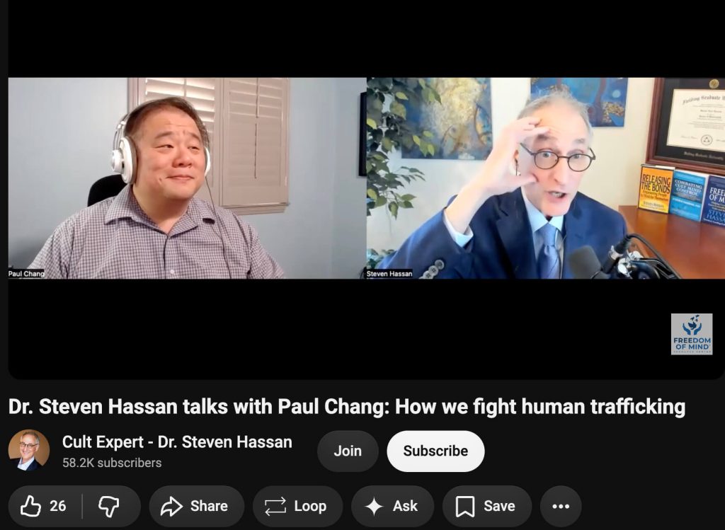 Screenshot from Steven Hassan’s interview with Paul Chang, the Department of Labor’s Anti-Trafficking Coordinator 