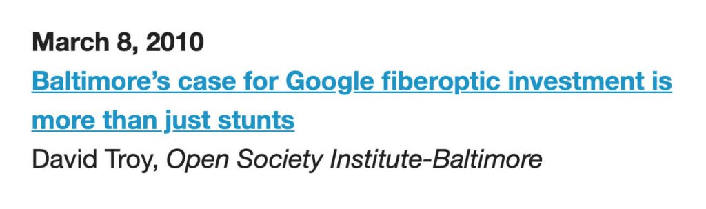 Screenshot from bmorefiber.com with a link to David Troy’s article for Open Society Institute–Baltimore 